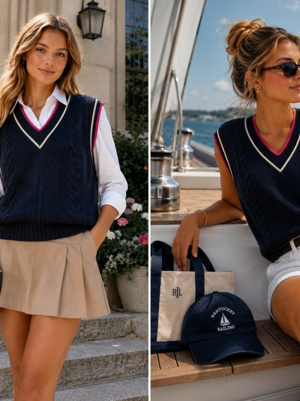 Talbots Women's Wool Blend Cable-Knit Sweater Navy Pink Striped Preppy Vest Sz S